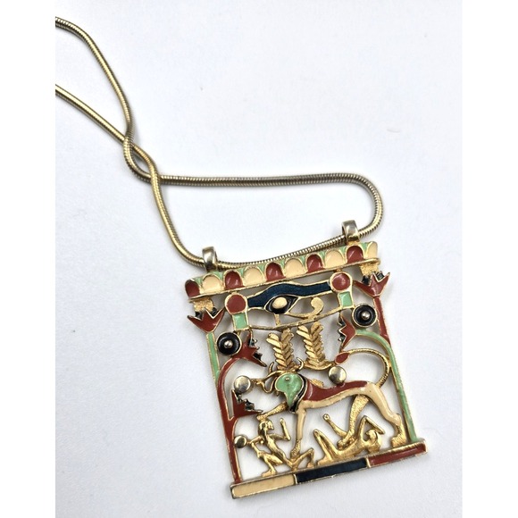 The Unbranded Brand Jewelry - Vintage Egyptian Revival Necklace Enamel Apis Sphinx Eye Horus Gold Tone